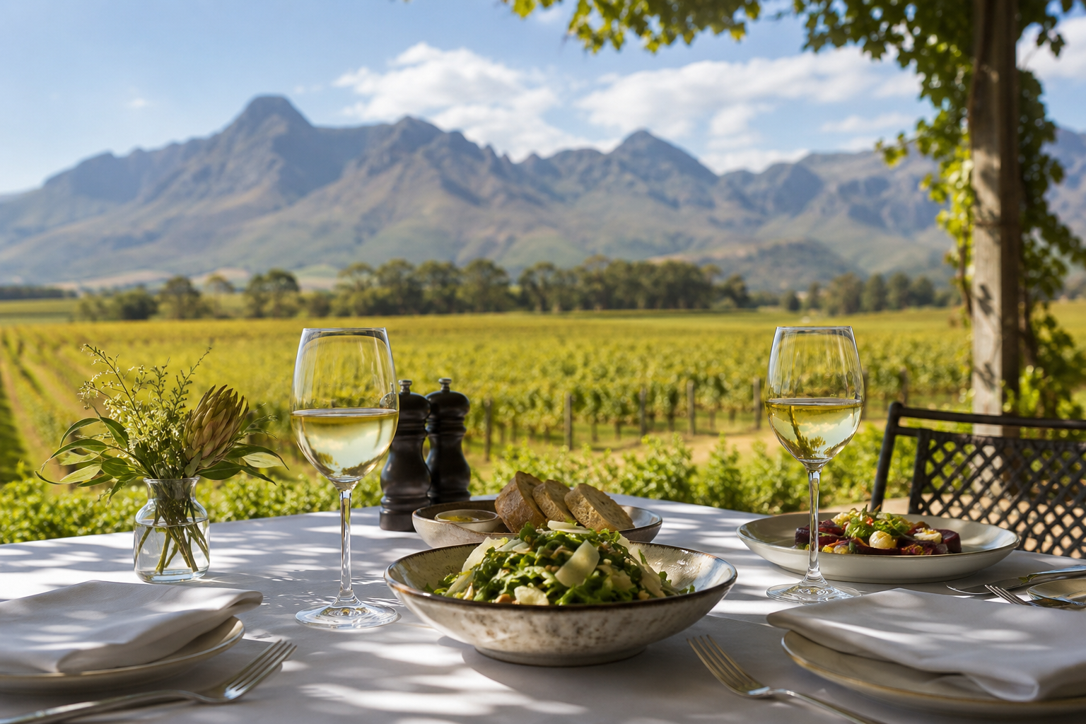 Lunch table on a shaded Cape Winelands terrace, a side experience during a South African business trip