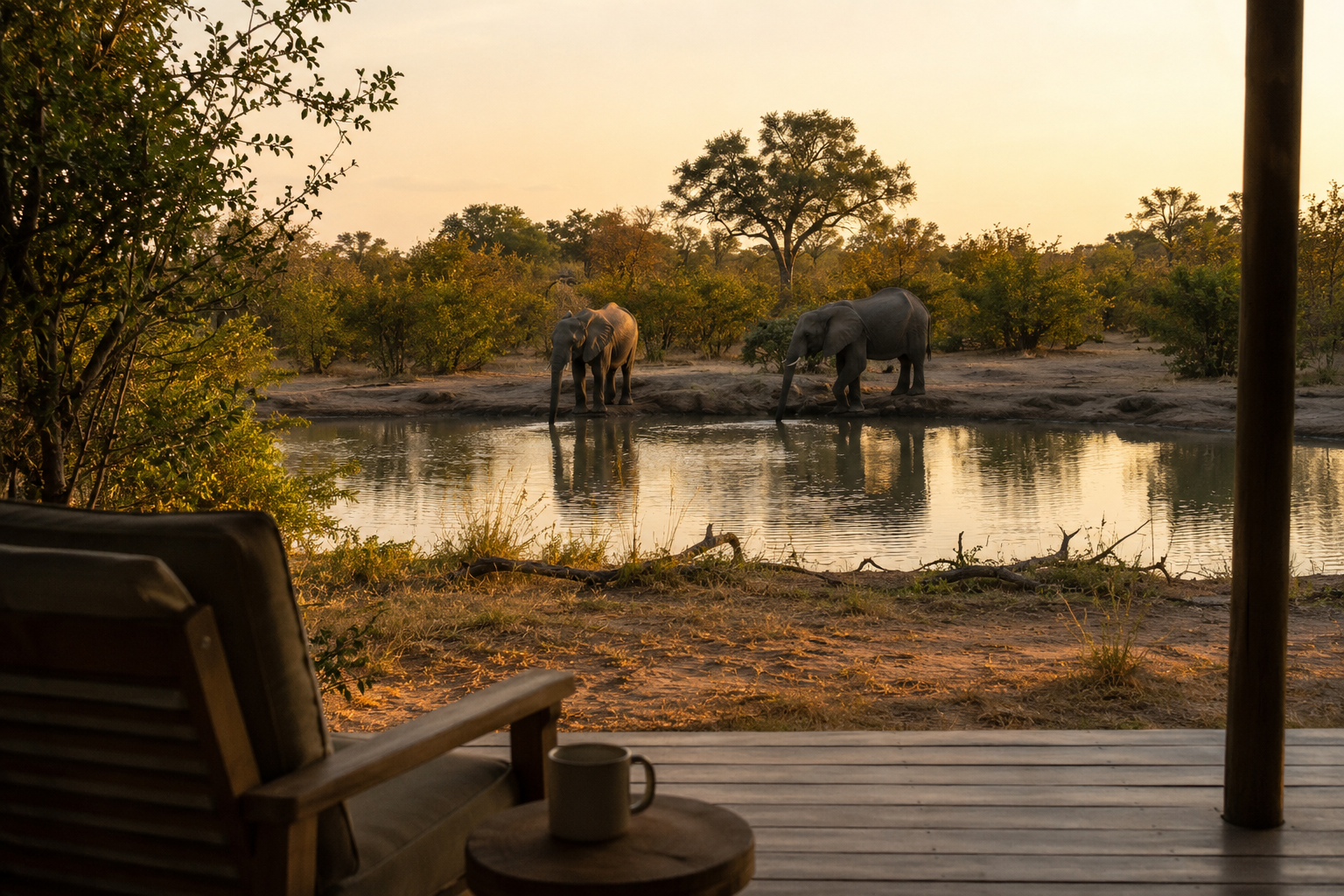 Elephants at a bush waterhole seen from a safari lodge deck during post-treatment recovery